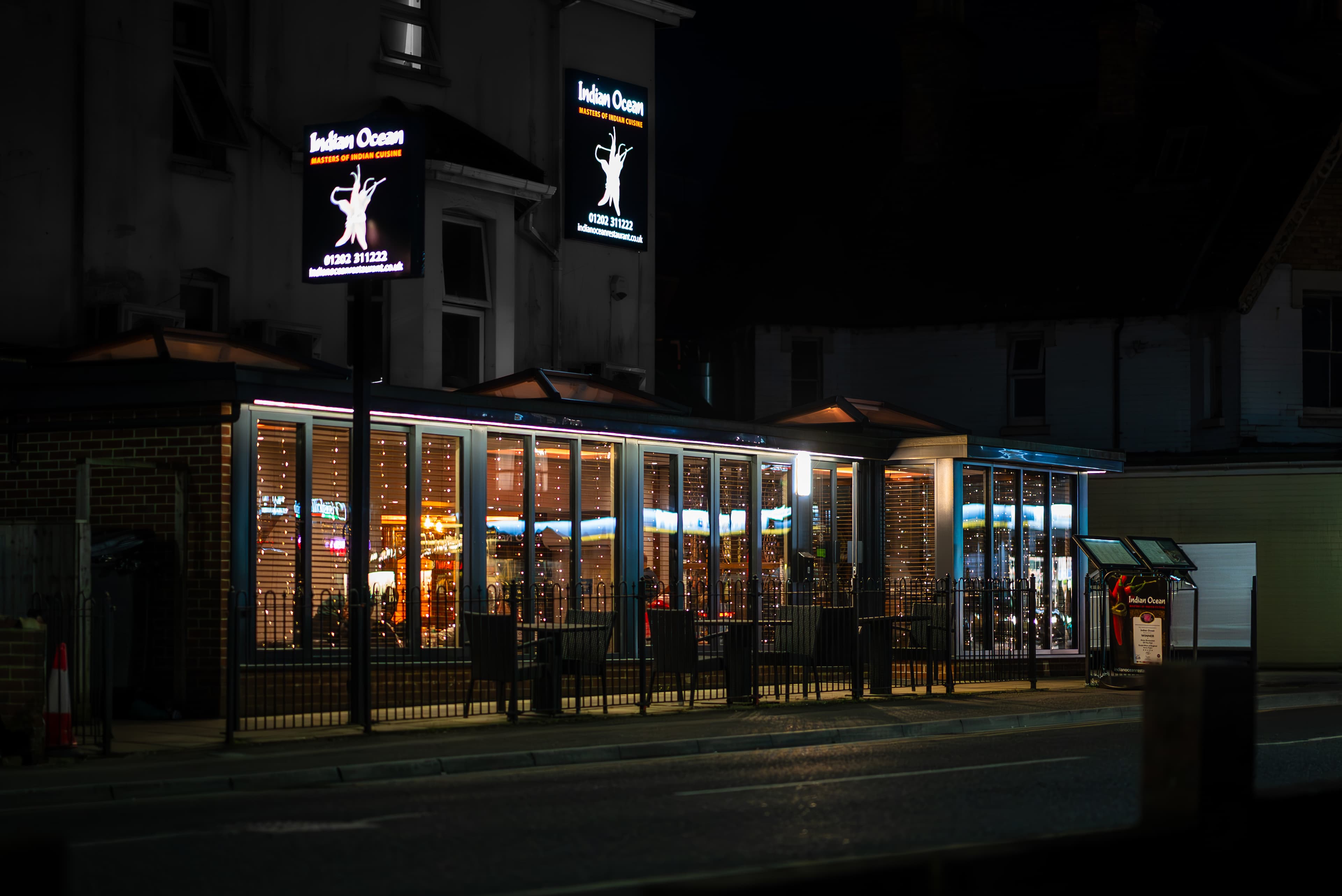 Indian Ocean restaurant exterior at night on West Cliff Road