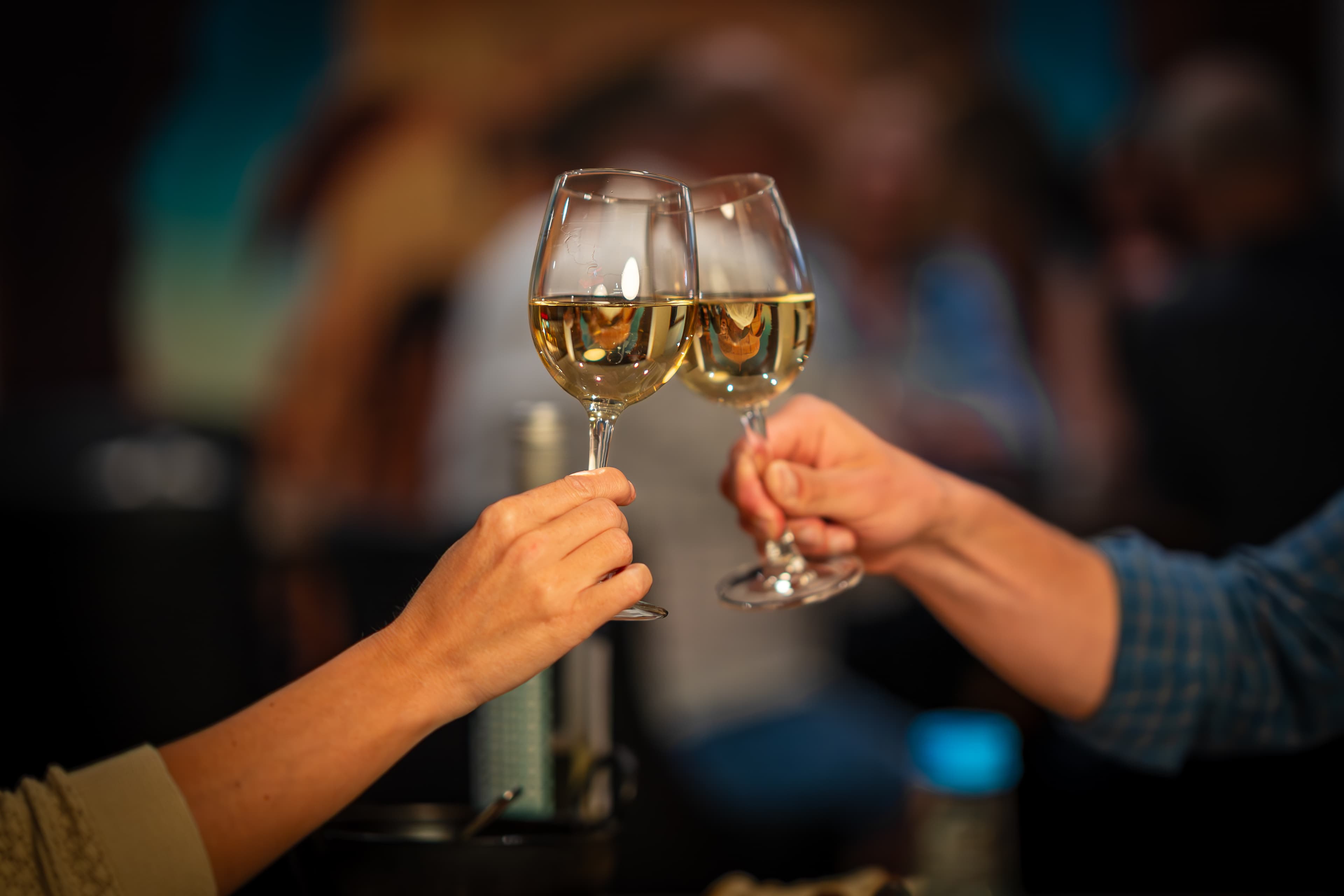 Diners clinking glasses of white wine